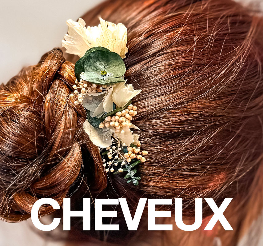 Accessoires cheveux, fleurs séchées, peignes, broches, bijoux cheveux 